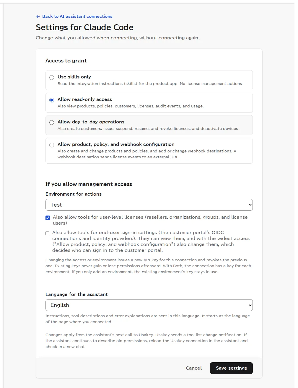 The connection settings page for Claude Code, with the access to grant (use skills only, allow read-only access, allow day-to-day operations, allow product, policy, and webhook configuration), the environment for actions, options for additional tools, the language for the assistant, and a Save settings button.