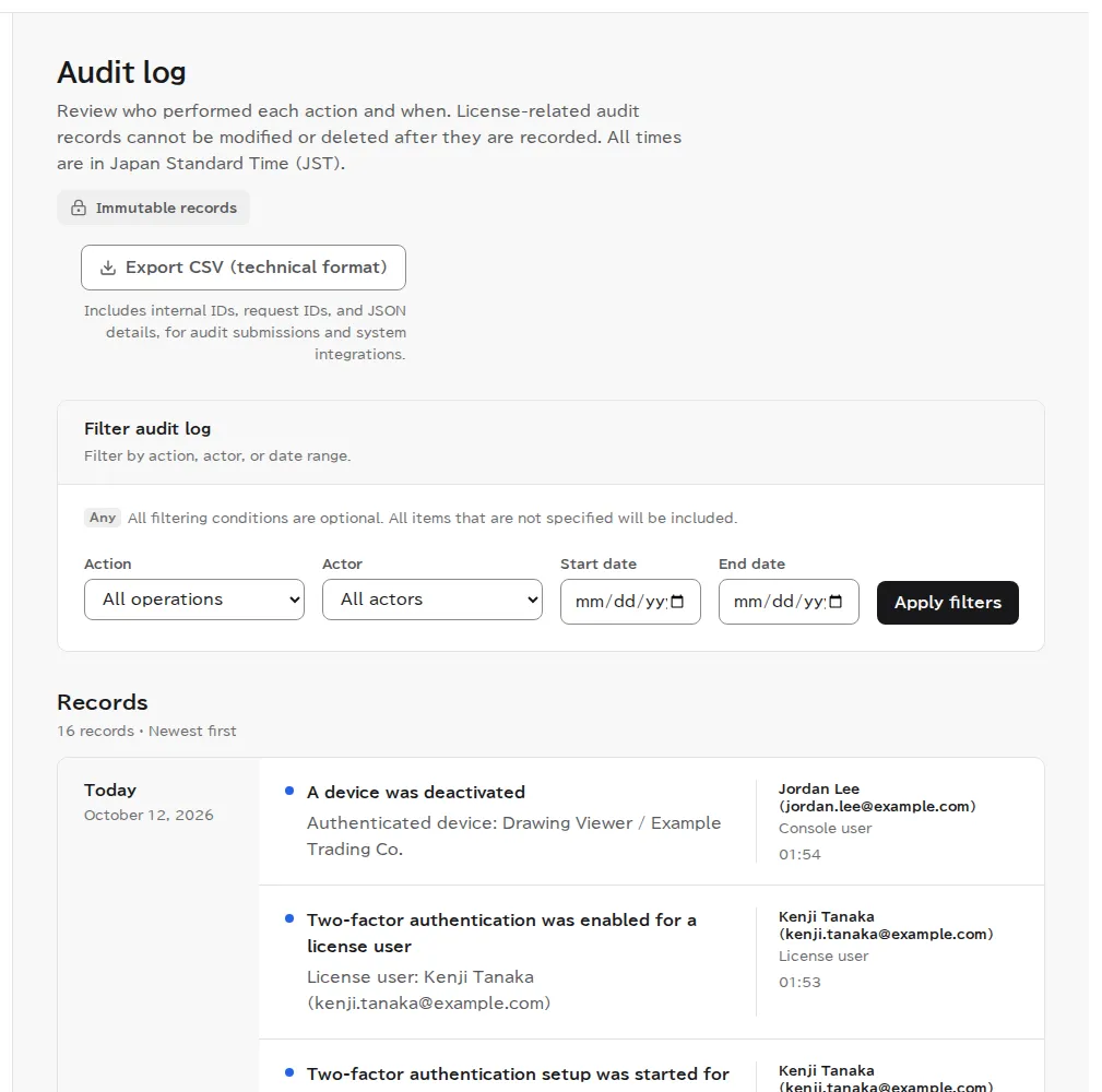 The audit log. Filters and an Export CSV (technical format) button are at the top, and the entries include a device deactivated from the customer portal, a device deactivated from the console, and a new device activation, each with the actor and time.