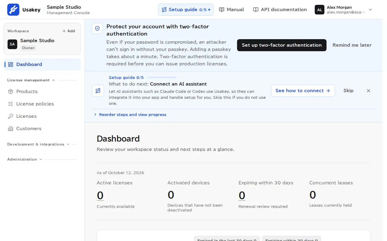 The console right after the first sign-in. The top shows a suggestion to set up two-factor authentication and the setup guide at 0 of 5 steps. The left menu lists Products, Policies, Licenses, and Customers.