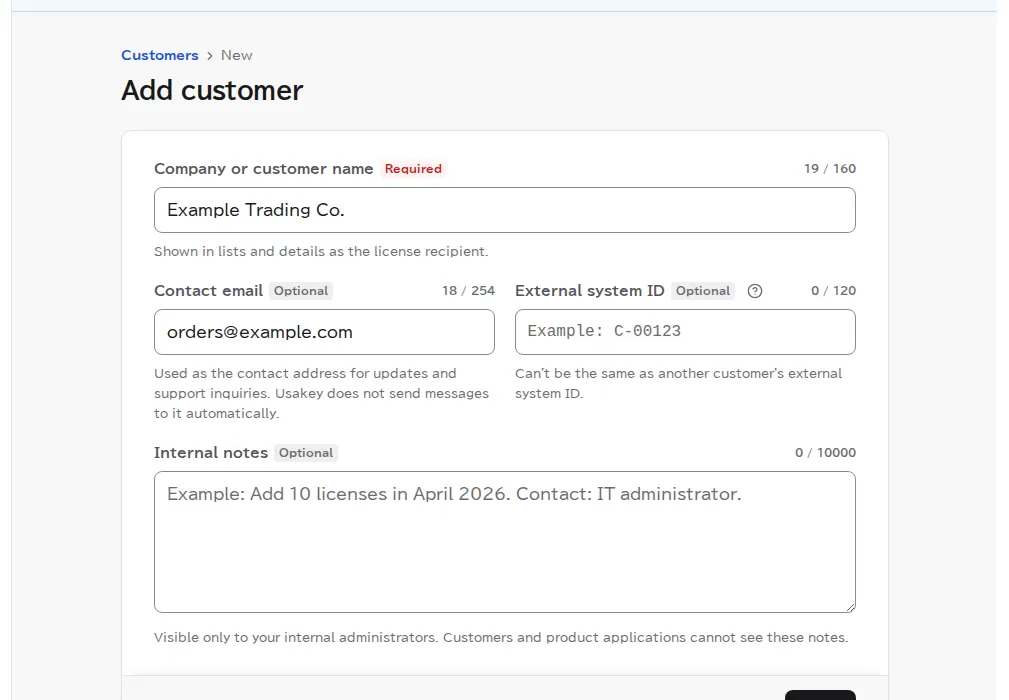The Add customer page with Example Trading Co. as the customer name and an orders address as the email address.