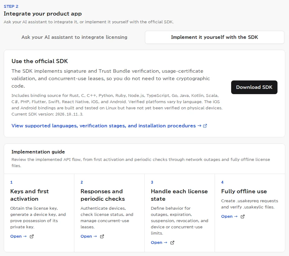 Step 2 of the API/SDK page with the Implement it yourself with the SDK tab open, showing Use the official SDK (a Download SDK button and the supported languages) and the implementation guide (four topics).