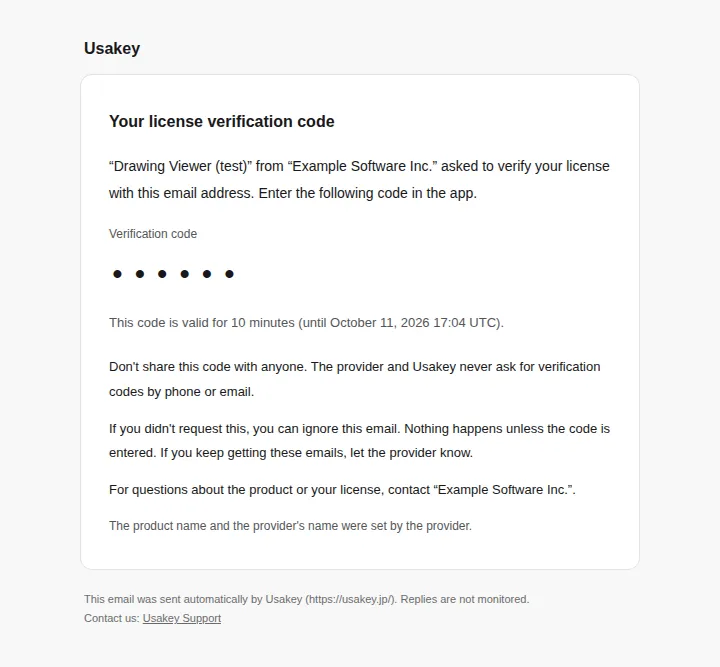 The verification code email from Usakey, with the 6-digit code, when it expires, and what to do if you didn't request it.
