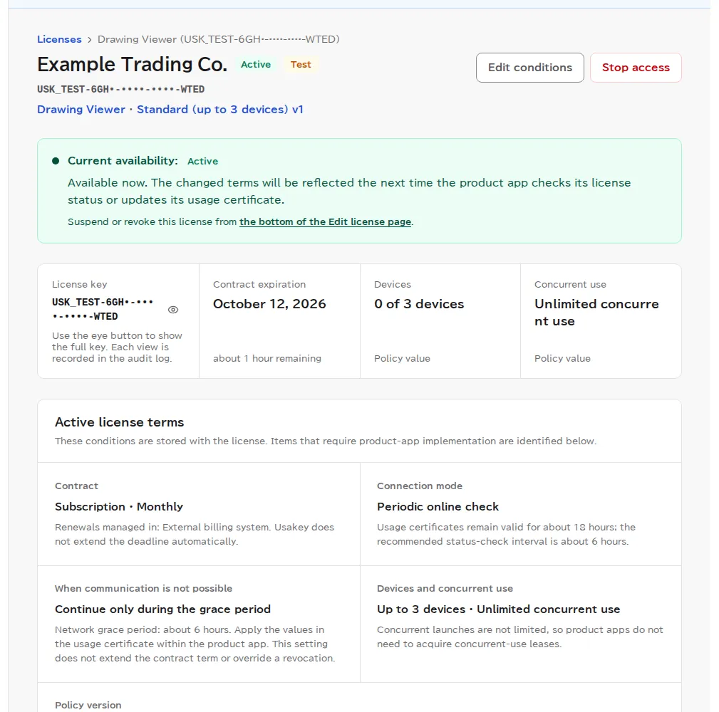 The license details page. The status is Active, the current access status is Active, and the Devices field shows 1 / 3. Edit and Stop access buttons are at the top right.