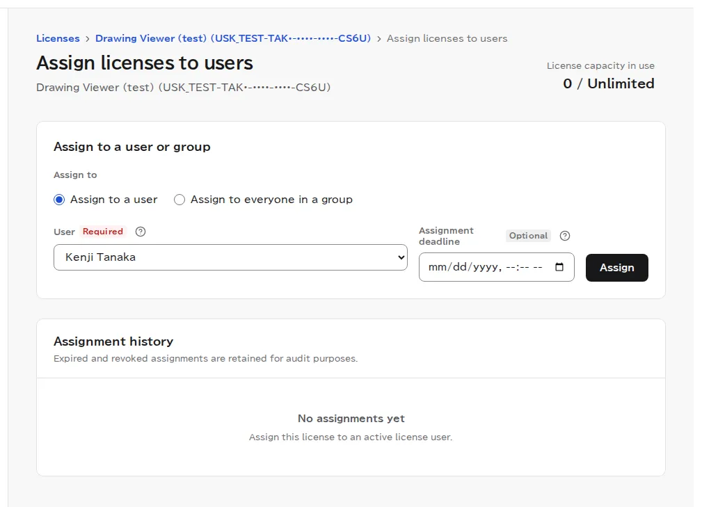 The license assignment page with Assign to a user chosen and Kenji Tanaka selected as the user.
