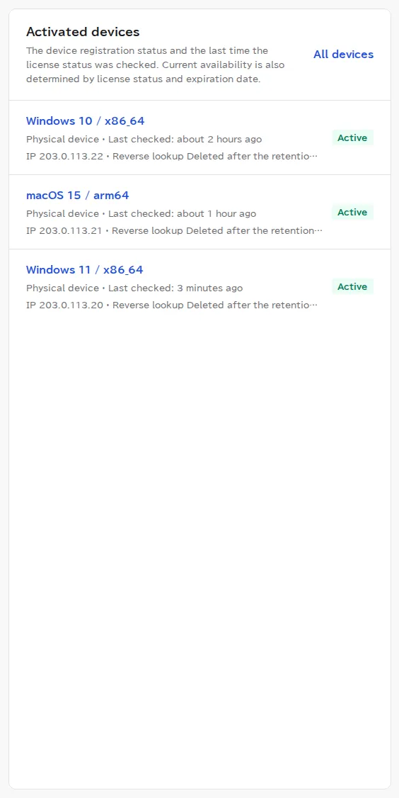 The list of devices registered with the license. Three devices (OS and CPU type, last check time, and IP address) are listed as activated.