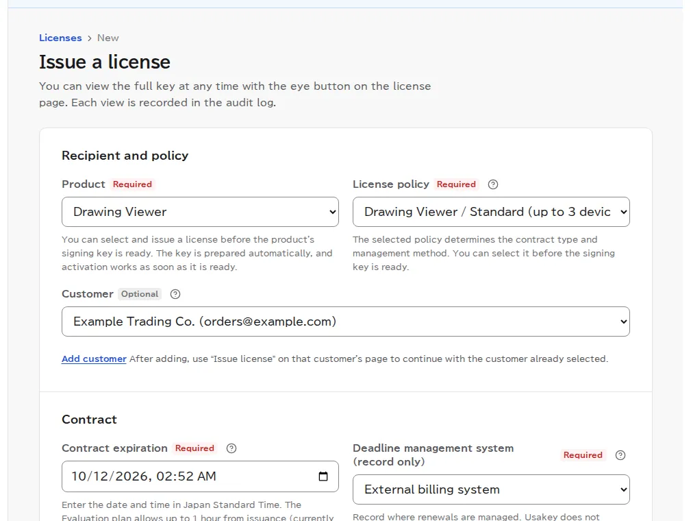 The Issue a license page with Drawing Viewer as the product, Standard (up to 3 devices) as the policy, Example Trading Co. as the customer, and an expiration within 1 hour of issue.