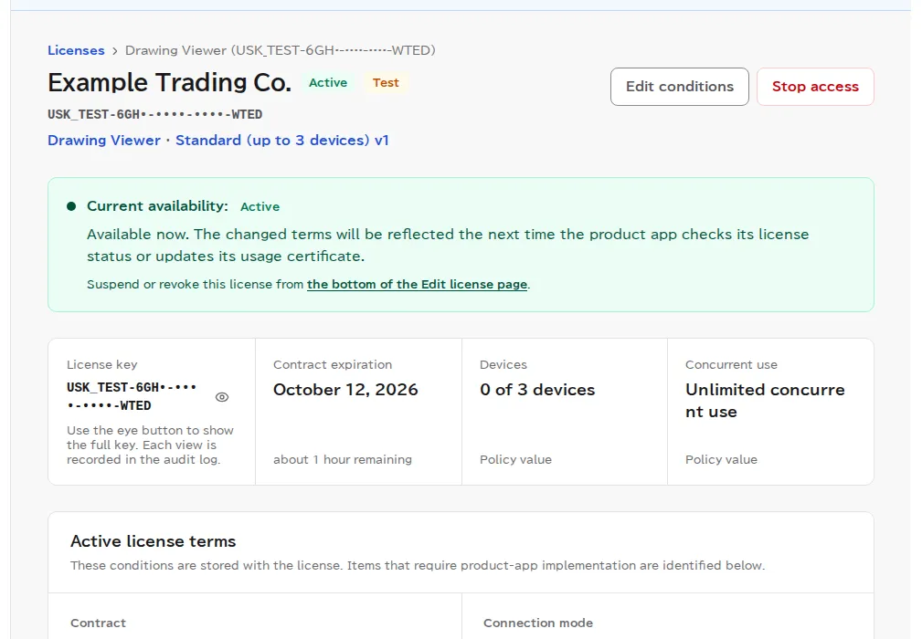 The details page of the resumed license. The status is back to Active and the current access status says the license can be used.
