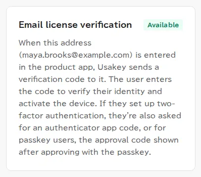 The email verification section in a license user's details, showing the address verification codes are sent to and that it's ready to use.