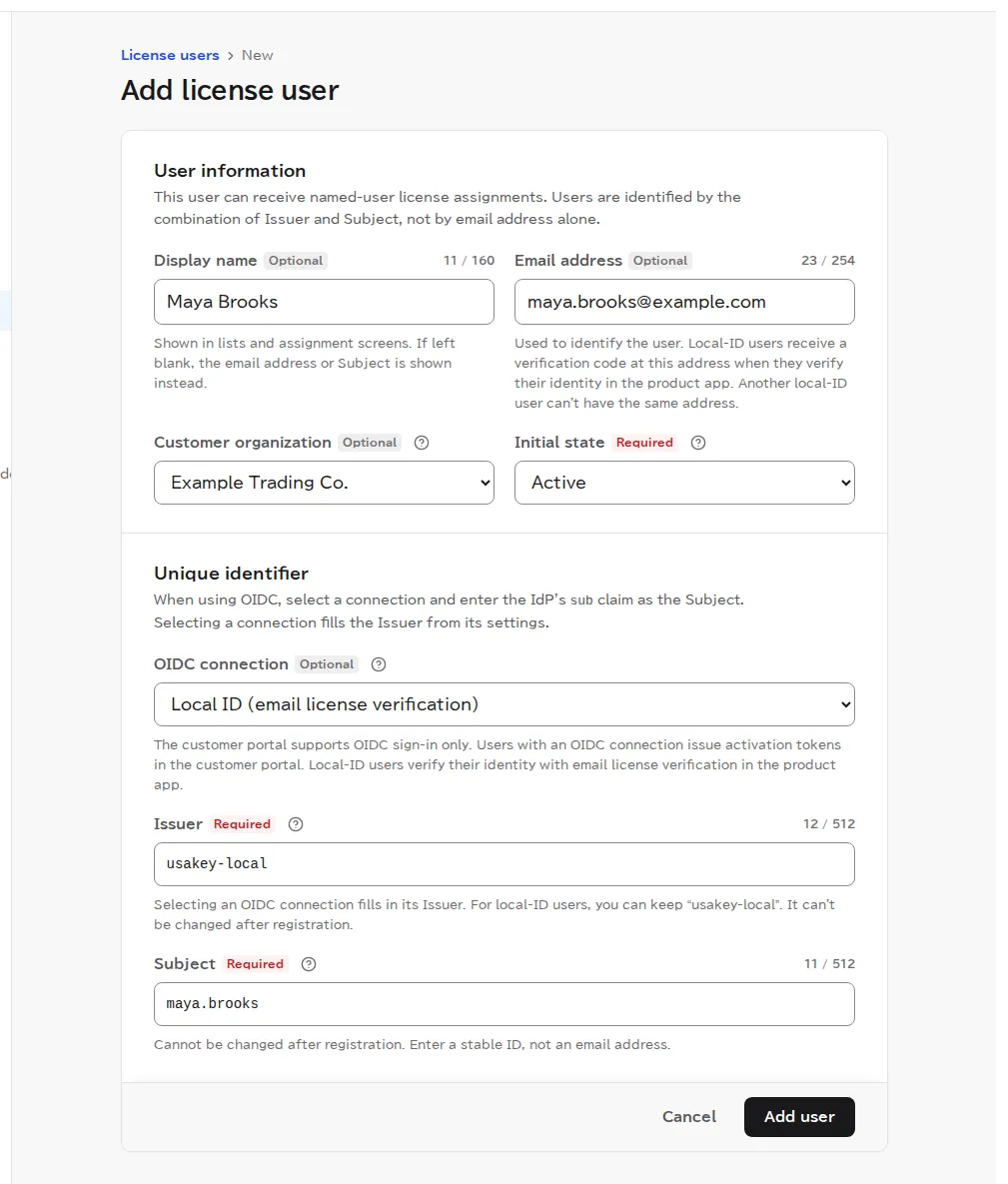 The Add license user page with a name and email address entered and no OIDC connection selected, so the user is added to your own list.