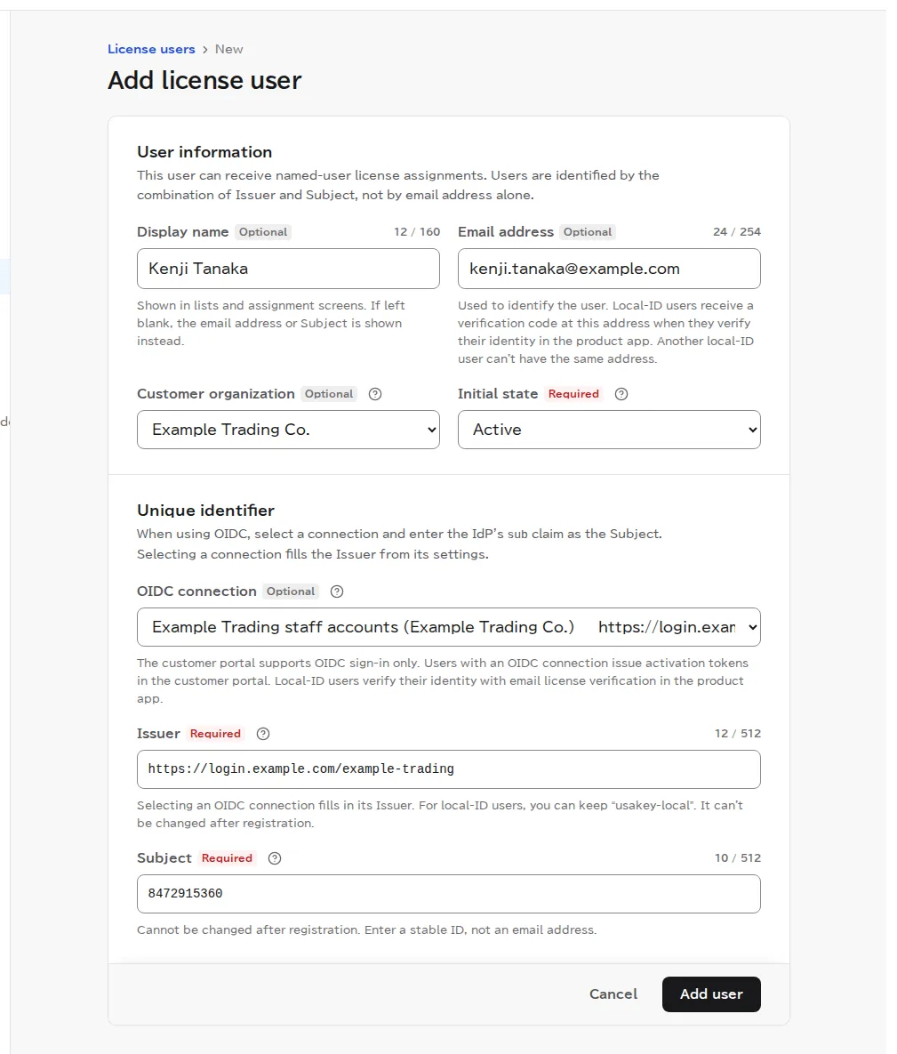 The Add license user page with Kenji Tanaka as the name, an email address, Example Trading Co. as the customer organization, Example Trading staff accounts as the OIDC connection, and the user's ID from the IdP as the Subject.