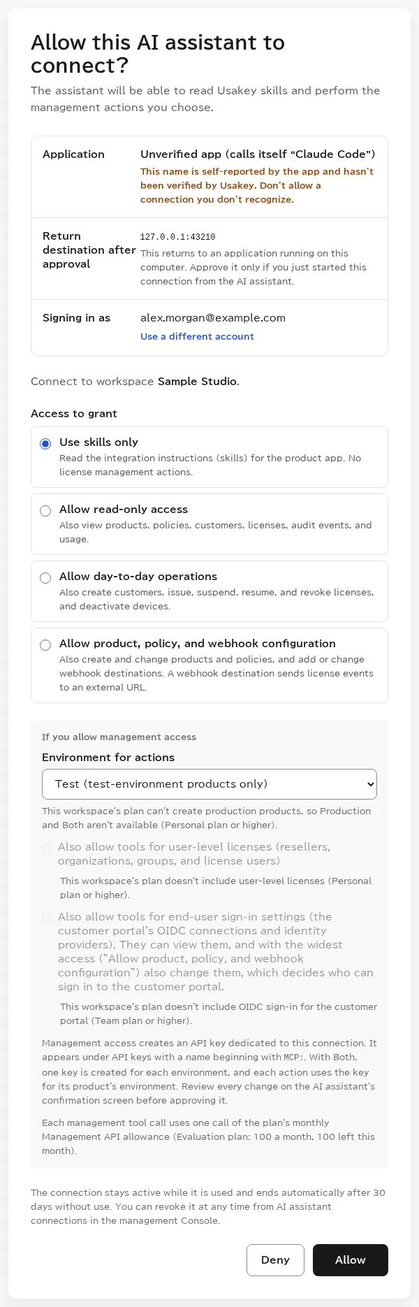 The page for approving an AI assistant connection. It shows the app asking to connect (an unverified app that calls itself Claude Code), the account, the workspace, the access options (use skills only, allow read-only access, allow day-to-day operations, allow product, policy, and webhook configuration), the environment and additional tools used when management actions are allowed, and the Allow button.