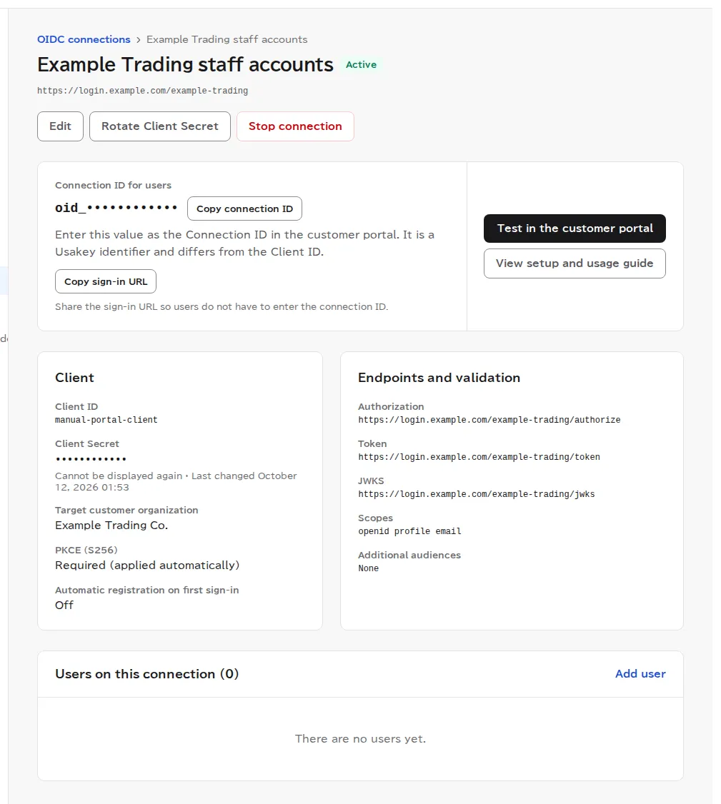 The details of the new OIDC connection, showing the connection ID for users (masked in this image) with Copy connection ID and Copy sign-in URL buttons, a Test in the customer portal button, the client and endpoint settings, and the connection's users (0).