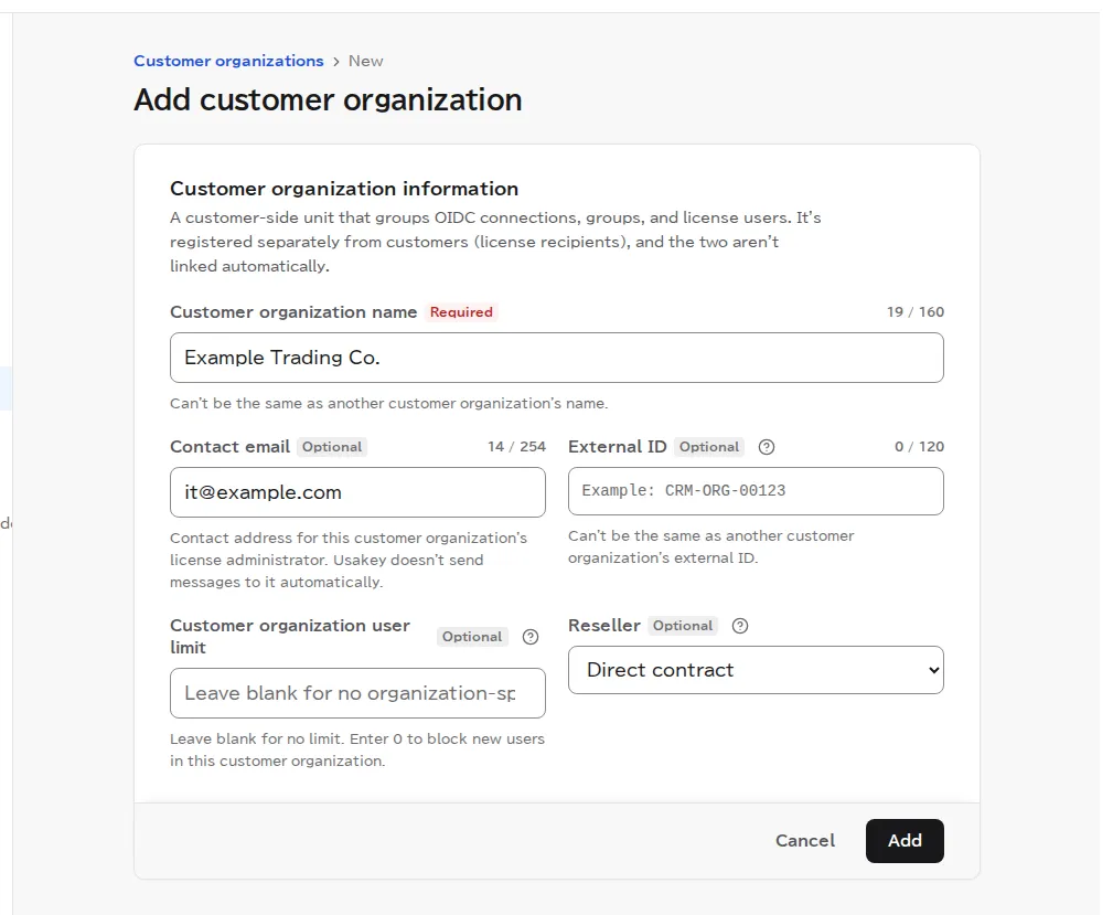 The Add customer organization page with Example Trading Co. as the name and the IT department's address as the email address.