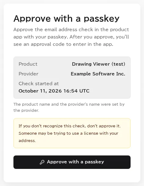 The Approve with passkey page, showing the product, the provider, and when the check started, a note not to approve a check you did not start, and a button to approve with the passkey.