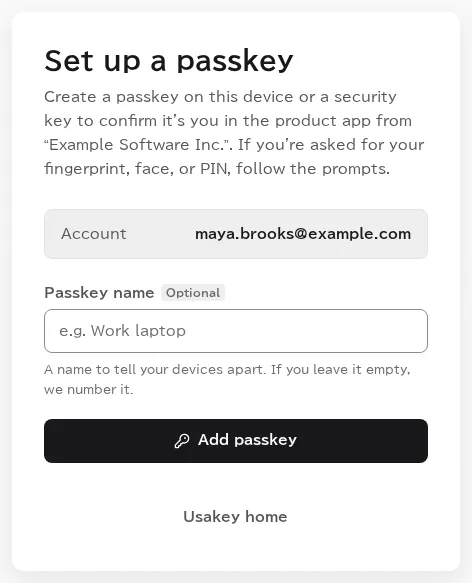 The Set up a passkey page, showing the email address of the account, a field for the passkey name, and a button to set up the passkey.