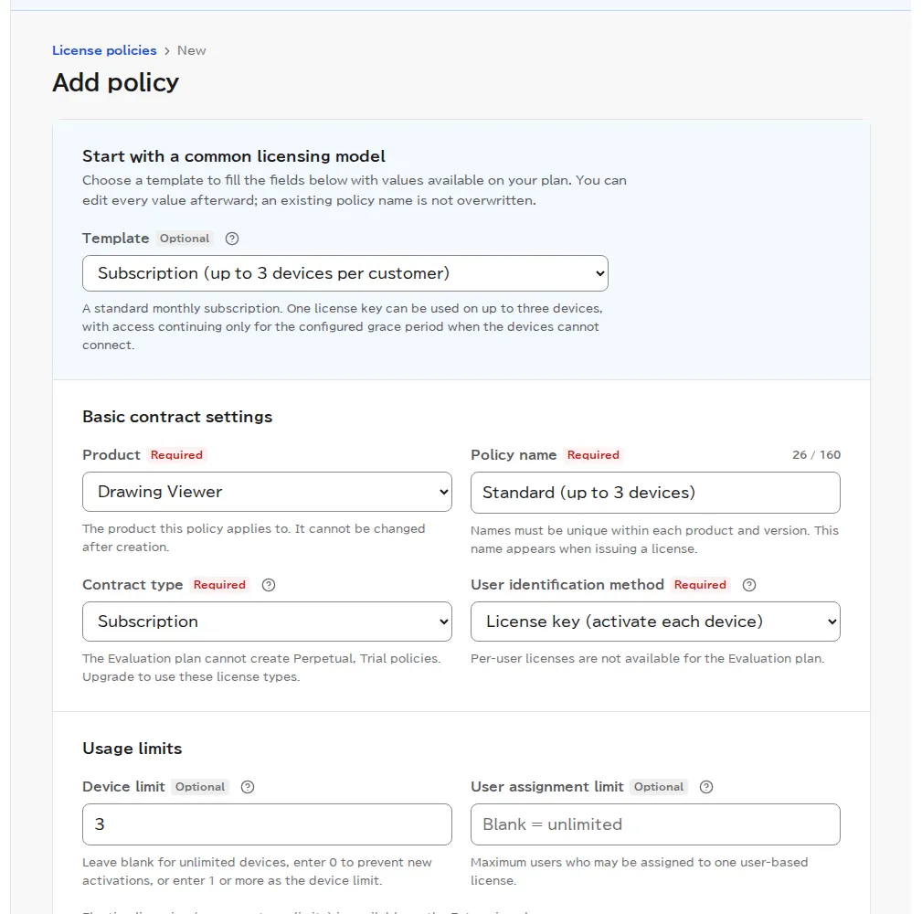 The Add policy page with the subscription template for up to 3 devices selected, Drawing Viewer as the product, Standard (up to 3 devices) as the policy name, and 3 as the maximum number of devices.