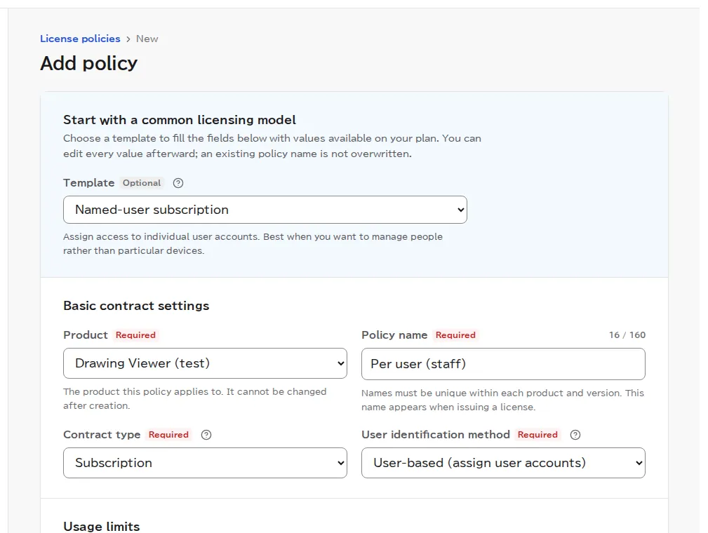 The Add policy page with the per-user template selected, Per user (staff) as the policy name, and per user as the user identification.