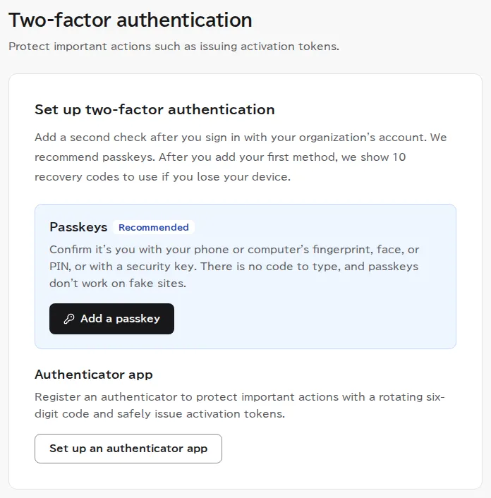 The Set up two-factor authentication page with a button to register a passkey (recommended) and a button to set up an authenticator app.