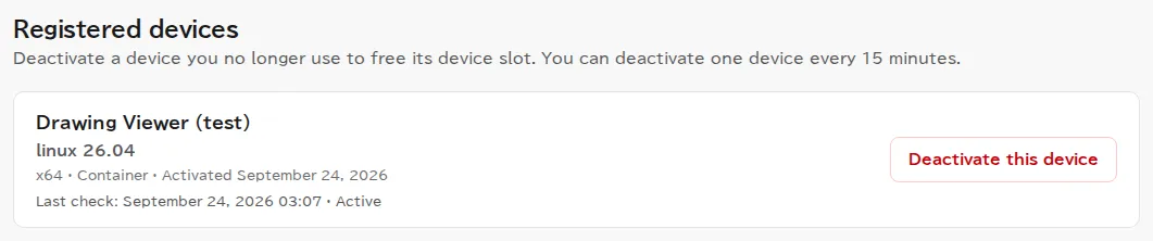 The list of registered devices in the customer portal, showing the activated device (product name, OS, registration date, and last check) and a Deactivate this device button.