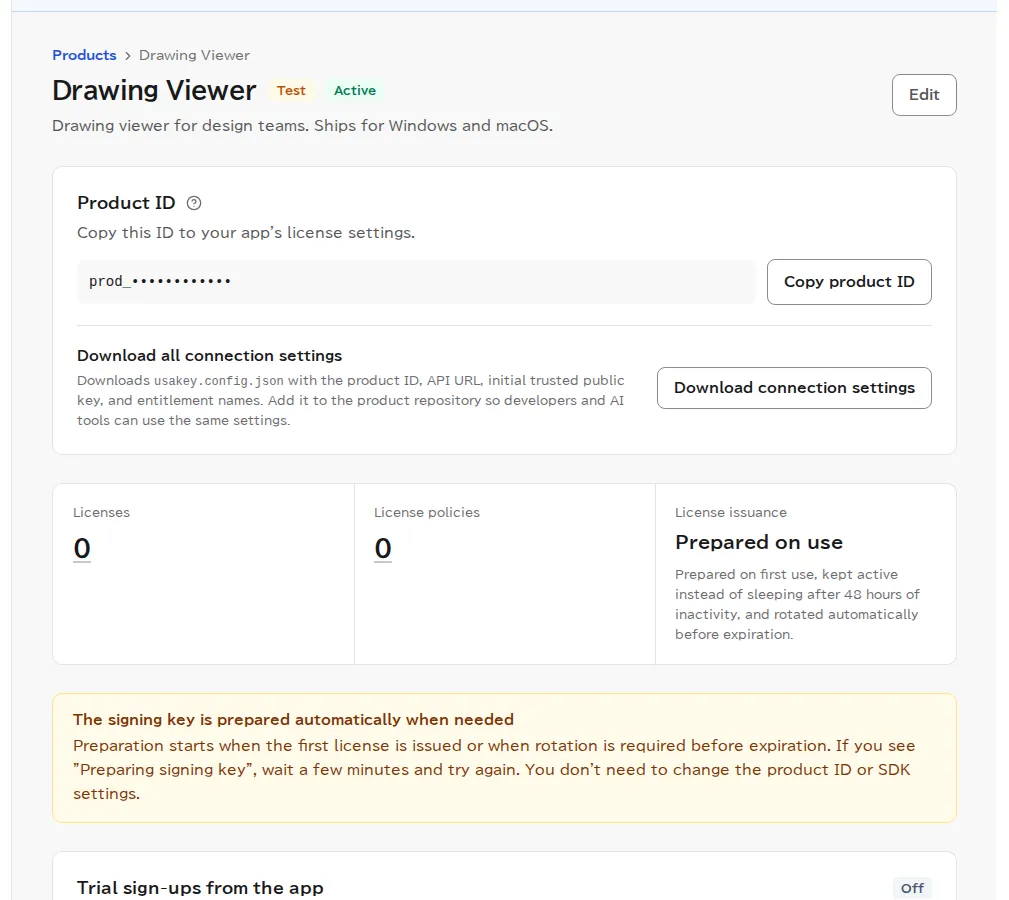 The new product's page, showing the product ID (masked in this image) with a copy button, a button to download connection settings, and a note that the signing key is prepared automatically when first used.