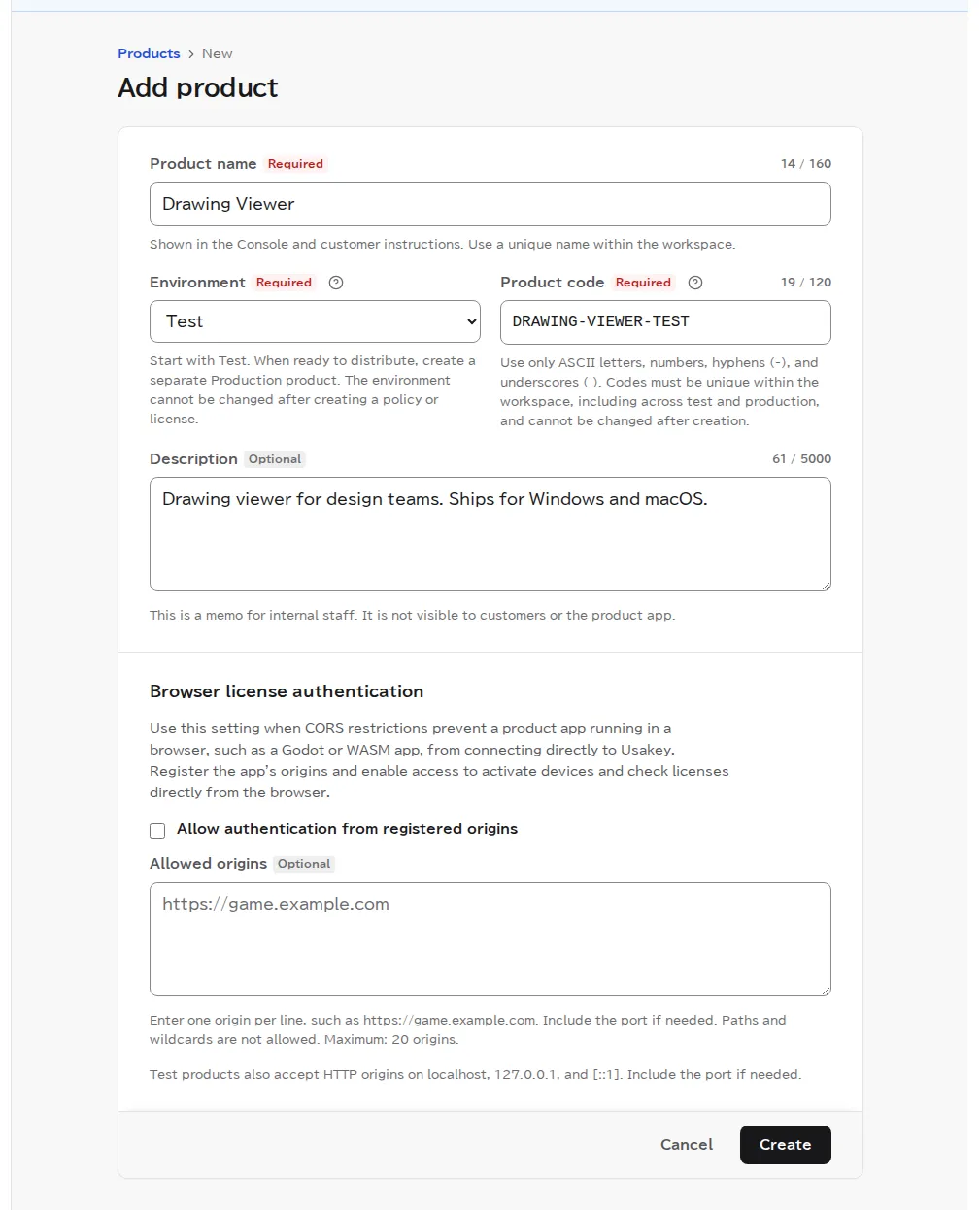 The Add product page with Drawing Viewer as the product name, Test as the environment, DRAWING-VIEWER-TEST as the product code, and a short description.