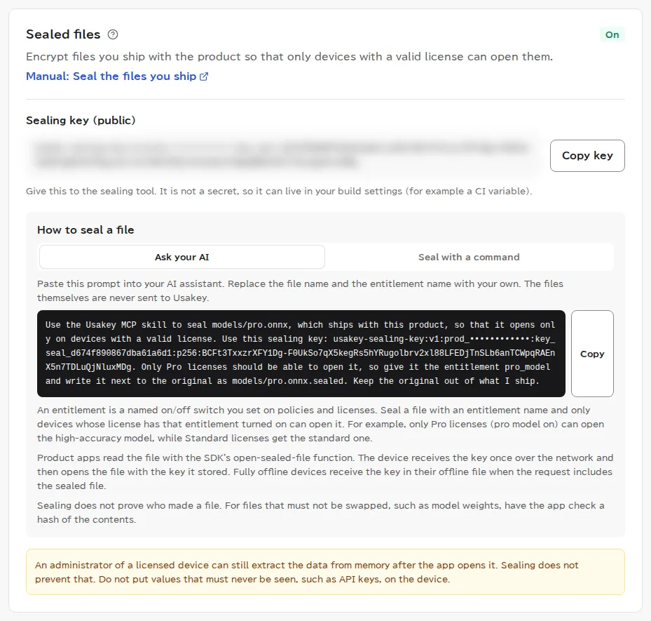 The sealed files section after turning it on. The status is On, showing the one-line sealing key (blurred in the image) with a Copy key button, an example sealing-tool command, a note that sealing does not prove who made a file so the app should check a hash, and a note that an administrator of the device can extract the data after the app opens it.