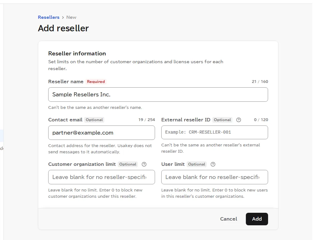 The Add reseller page with Sample Resellers Inc. as the name and a contact address as the email address.