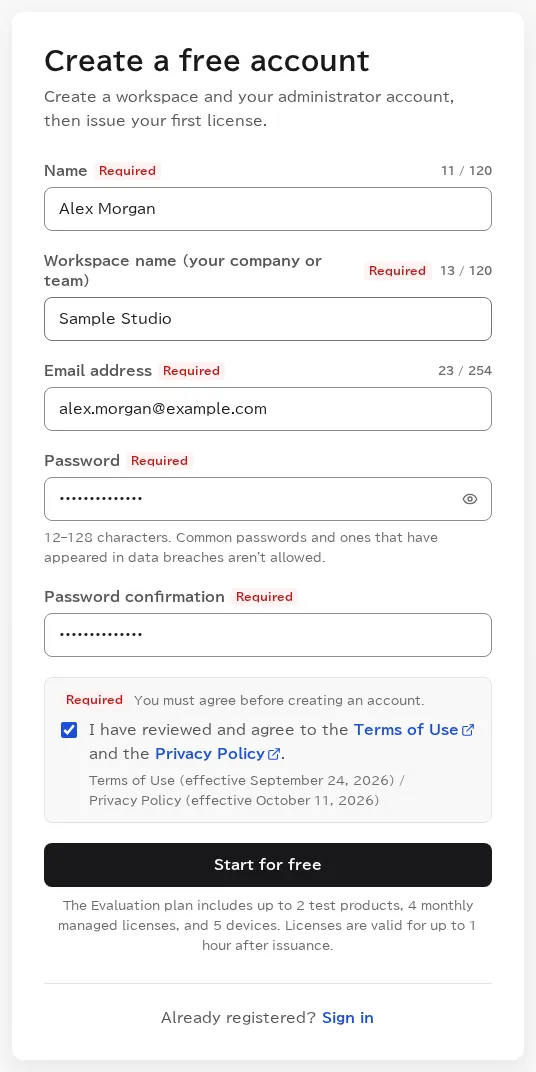 The Usakey sign-up form with a name, workspace name, email address, and password filled in, and the box to agree to the Terms of Service and Privacy Policy checked.