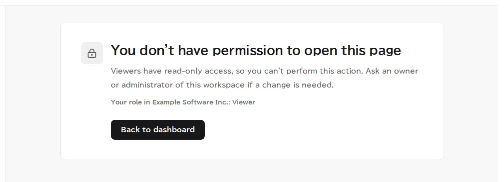 What a viewer sees when opening the page for issuing a license: a message that they don't have permission to open this page, that viewers have read-only access, and that they should ask an owner or admin, with a Back to dashboard button.