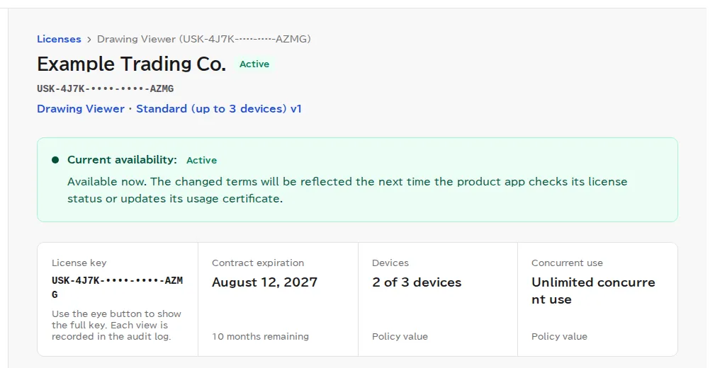A license's details page opened by a viewer. The status and current access status are shown, but the Edit and Stop access buttons aren't.