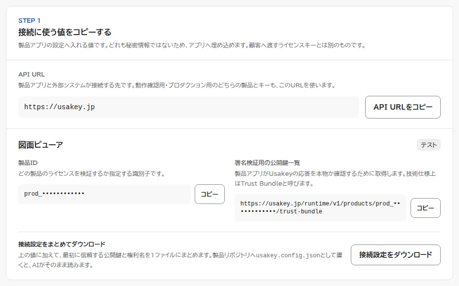 API・SDKの画面のステップ1。APIのURLとコピーボタン、製品ごとの製品ID(画像では伏せ字)と署名検証用の公開鍵一覧のURL、接続設定をダウンロードするボタンが表示されている。