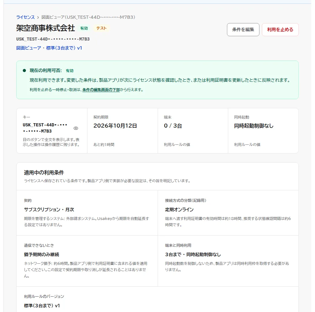ライセンスの詳細画面。状態は有効、現在の利用可否は有効で、端末の欄が 1 / 3台になっている。右上に条件を編集と利用を止めるのボタンがある。