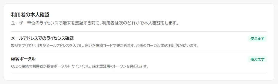 ユーザー単位の利用ルールの詳細。本人確認の方法として、メールアドレスでの確認と顧客ポータルが並び、いまのプランで使えるかが表示されている。